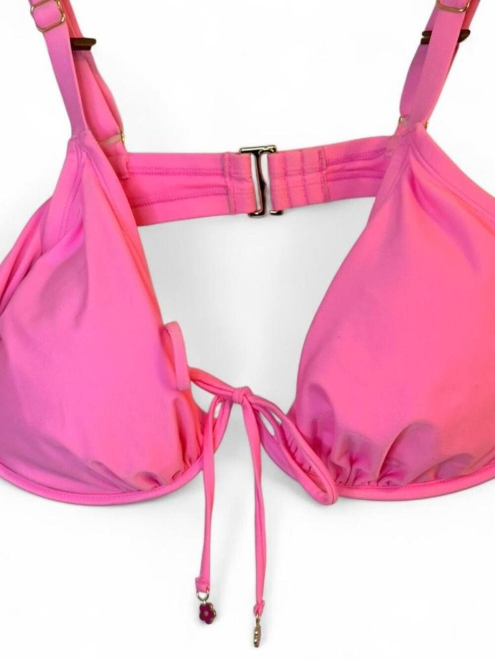Pink bikini top with adjustable straps and removable pads. Size: 18